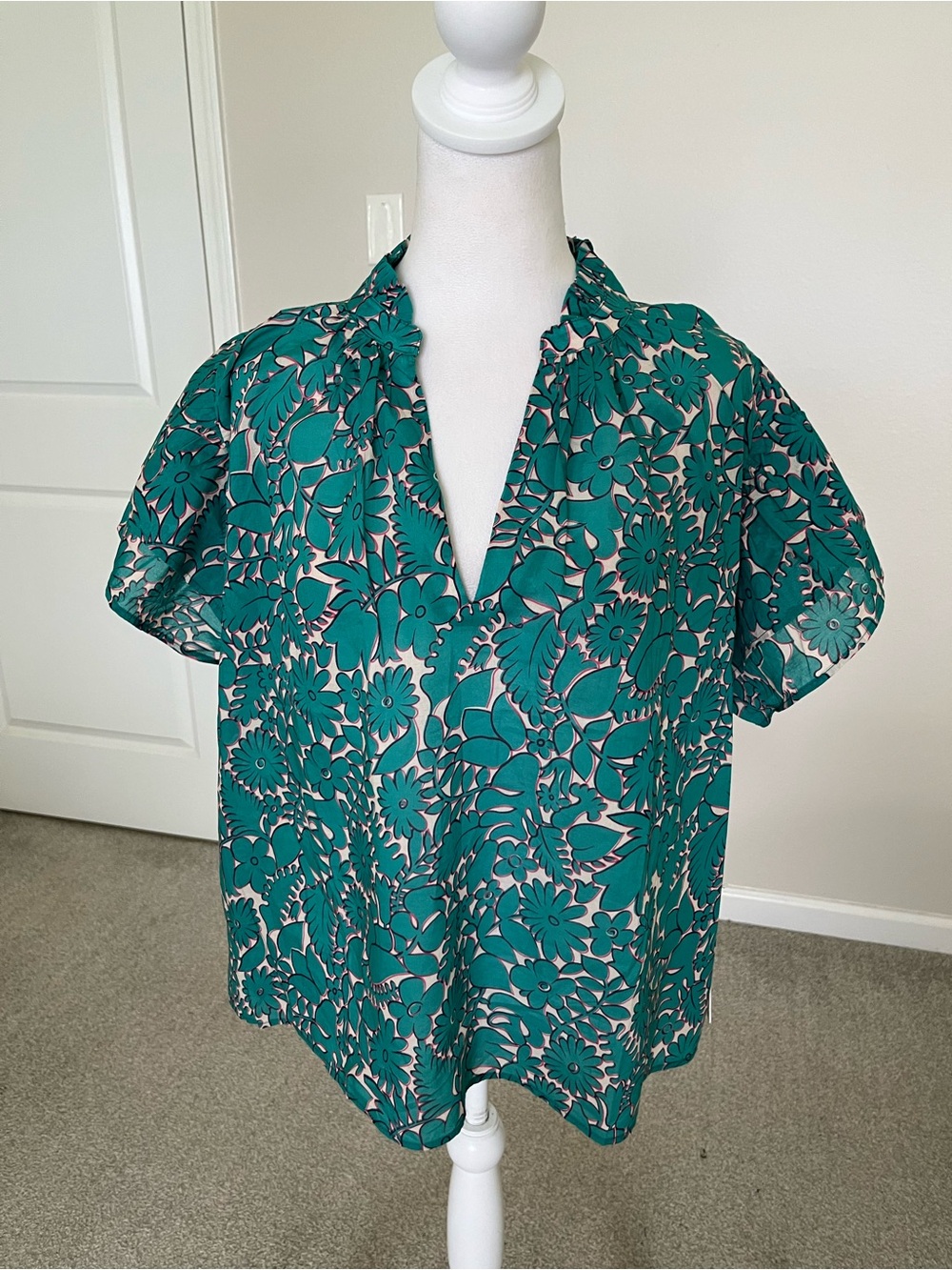 NWT Trovata Birds of Paradise Teal Green Floral Short-Sleeve Blouse Size Large